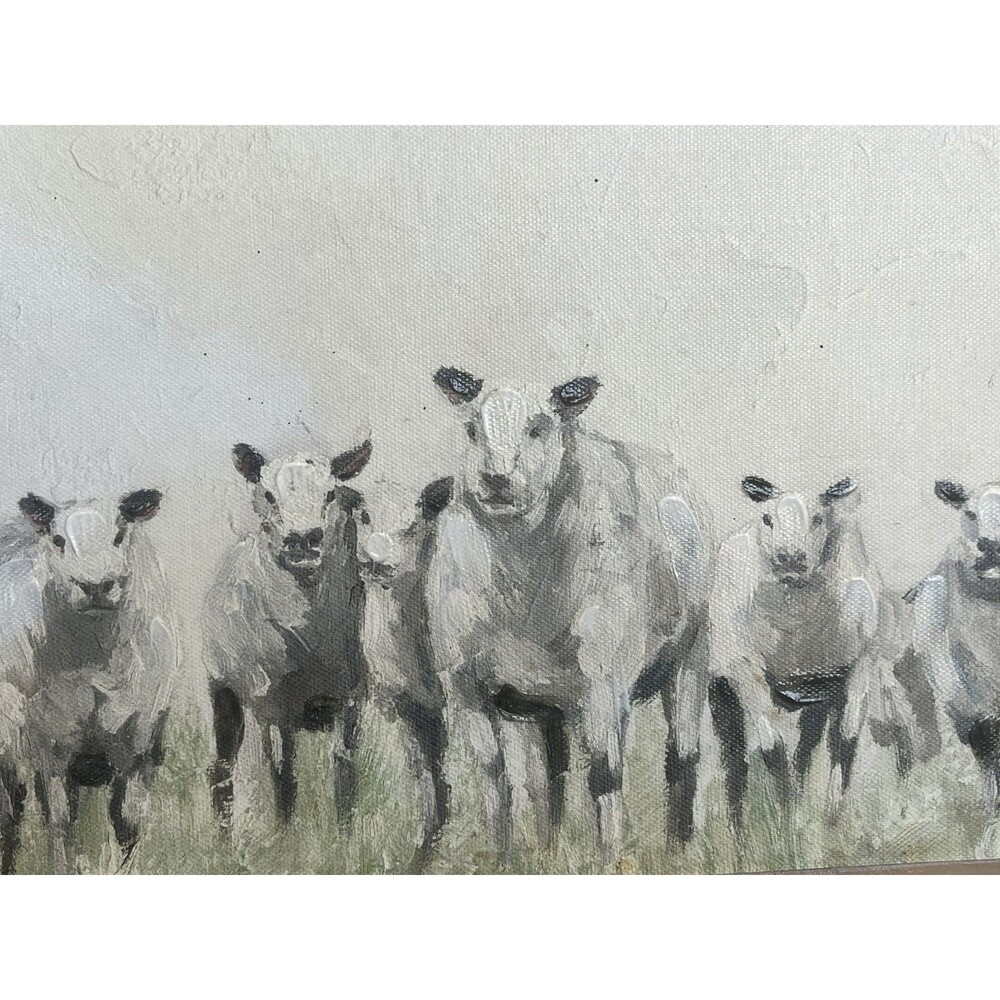 Farmhouse Herd Of Sheep In A Meadow (2 Sided) Framed Painting 14” x 8” / Country - Picture 1 of 7